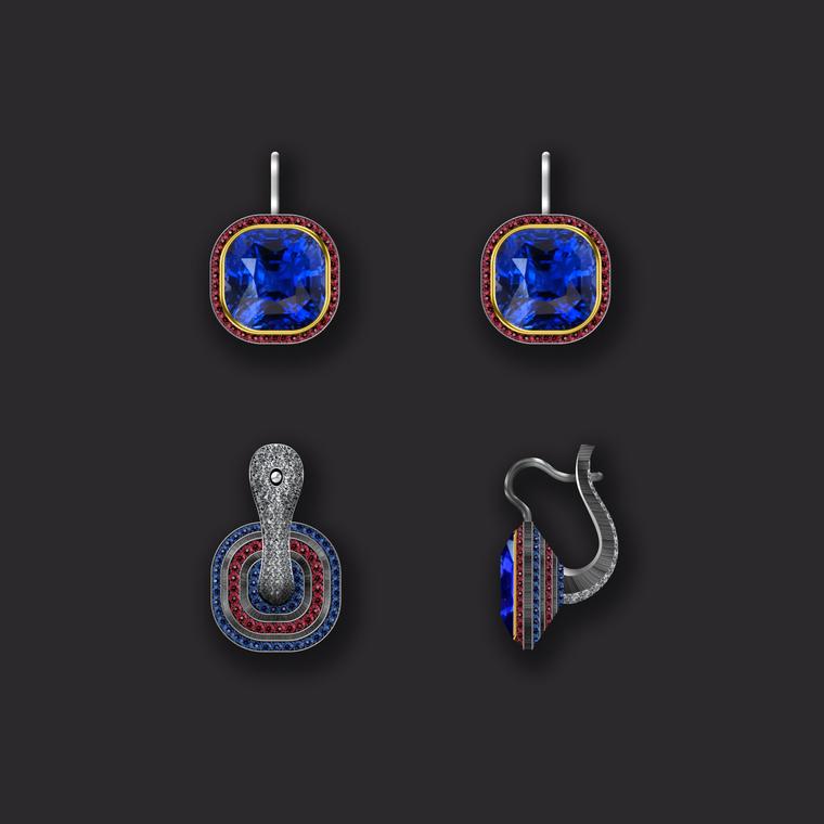 Maxim V earrings with Ceylon sapphire ruby and diamonds