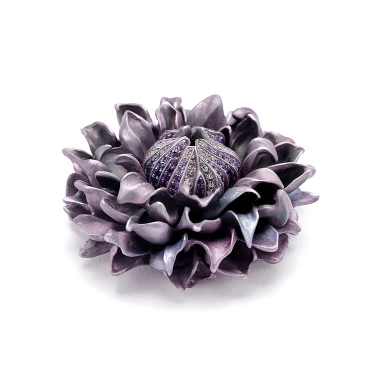 Clematis aluminium, sapphire and diamond brooch