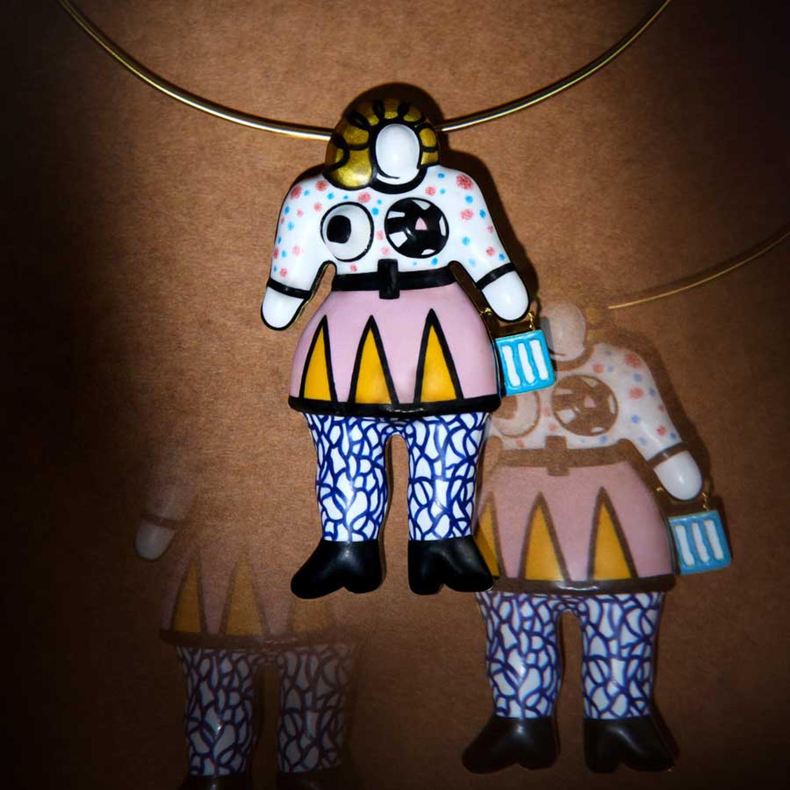 Louisa Guinness Niki de Saint Phalle Nana with bag brooch and necklace