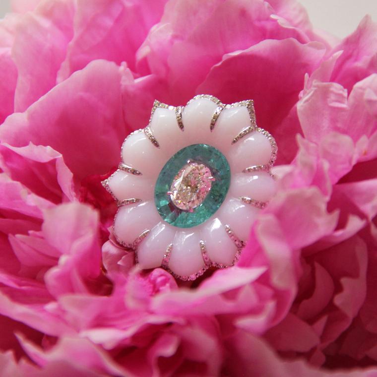 Boghossian white chalcedony, paraiba tourmaline and diamond ring