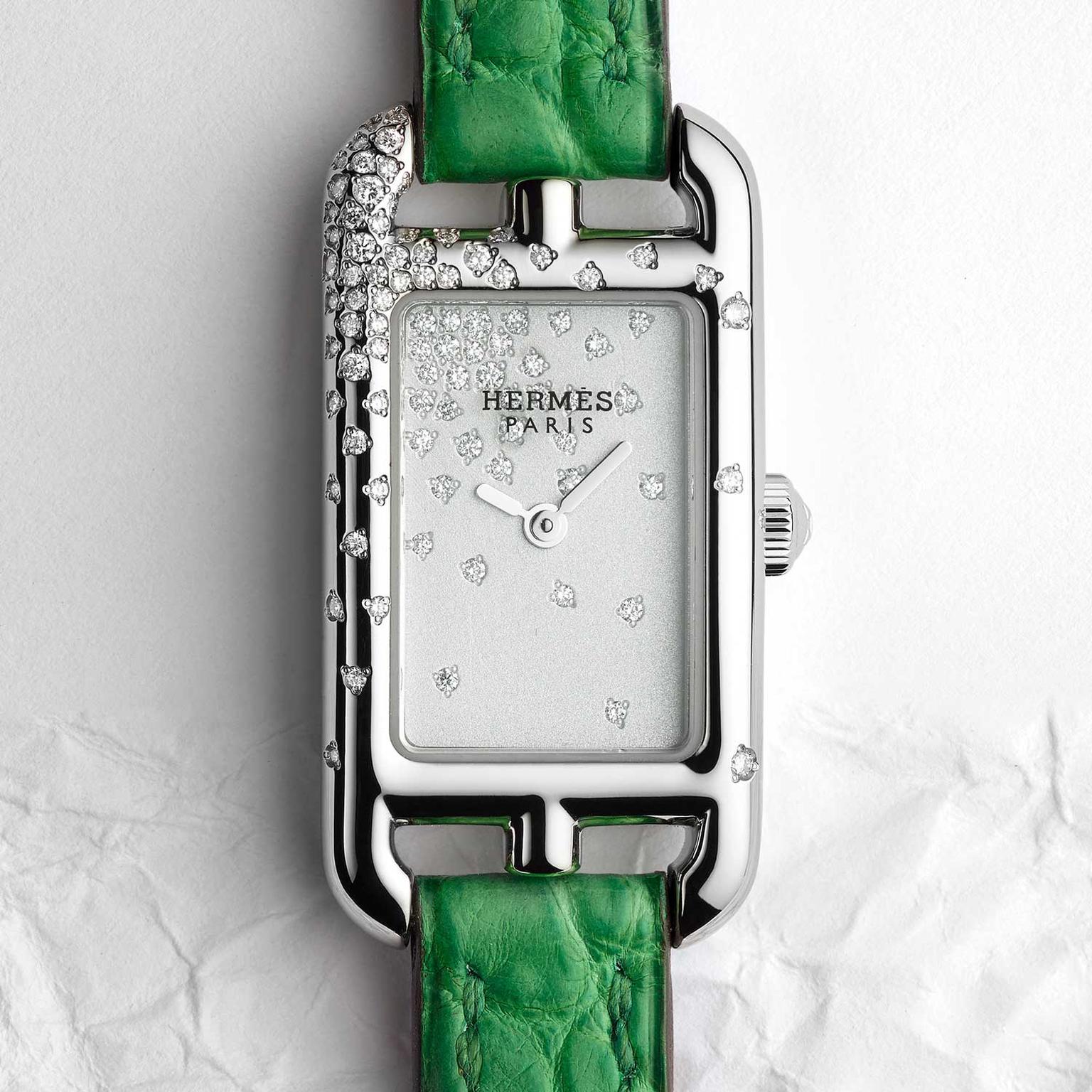 Hermès Nantucket Jeté de diamants watch with green alligator strap