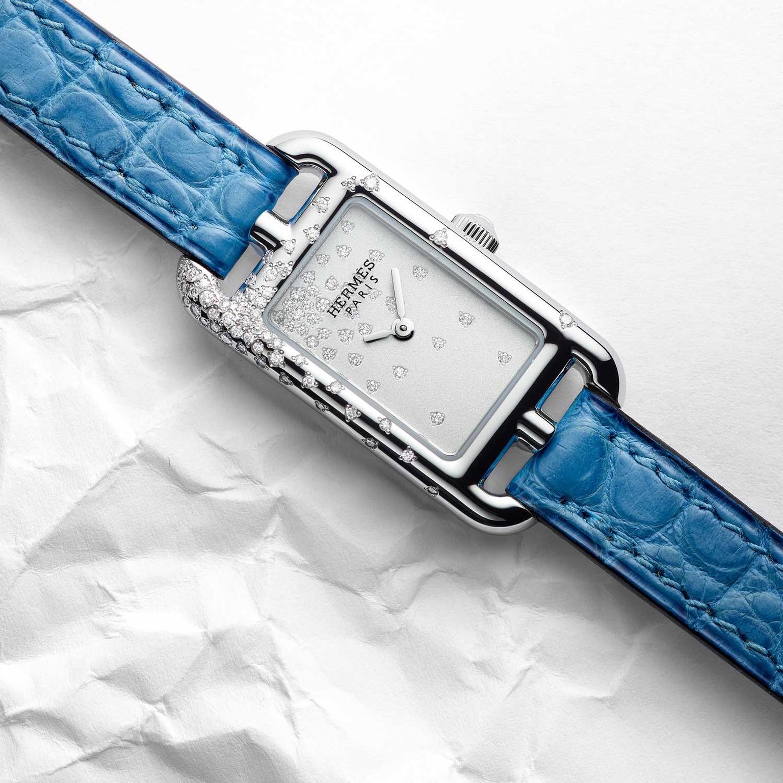 Hermès Nantucket Jeté de diamants watch with blue alligator strap