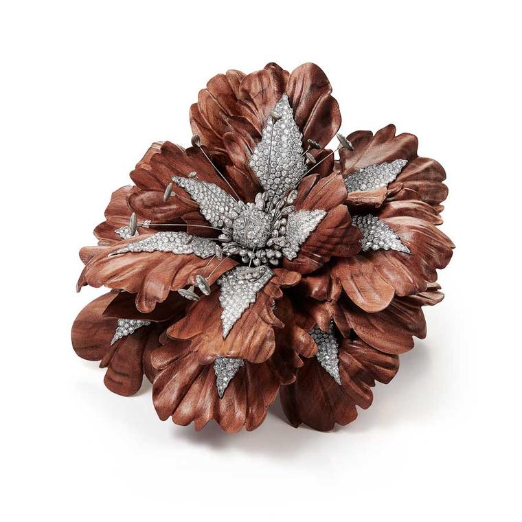 Boucheron Carte Blanche Allieurs Earth Woman Santos wood titanium and diamond leaf brooch