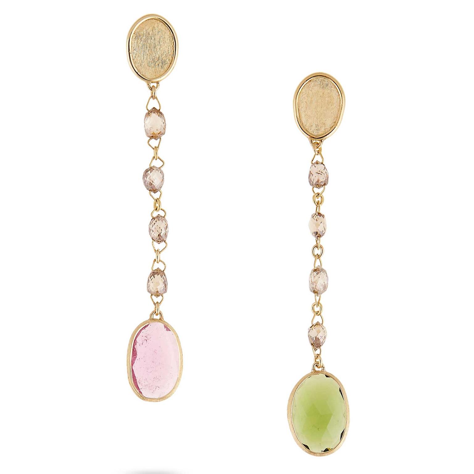 Marco Bicego Unico pink and green tourmaline earrings with brown diamond briolettes