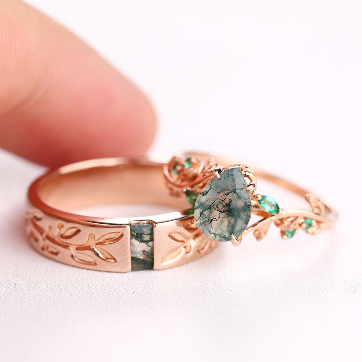 Baguette moss agate gender neutral wedding band by Molly Jewelry