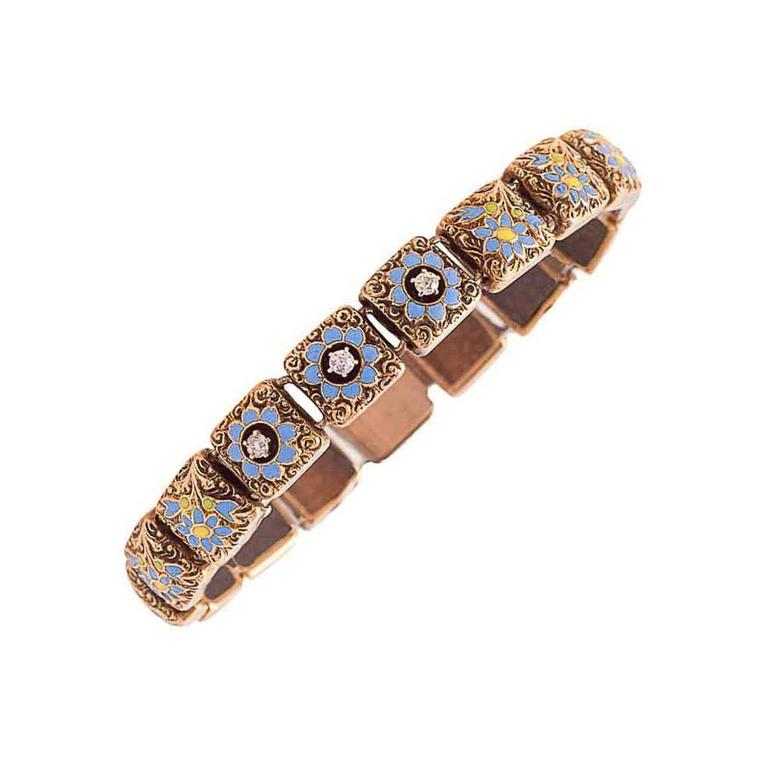 Sheila Goldfinger Victorian blue and yellow enamel, diamond and gold forget-me-not bracelet