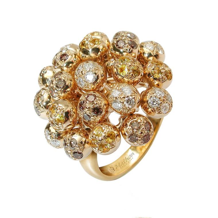 Mathon Paris Bague Lilas en or diamants saphirs jaunes et diamants bruns
