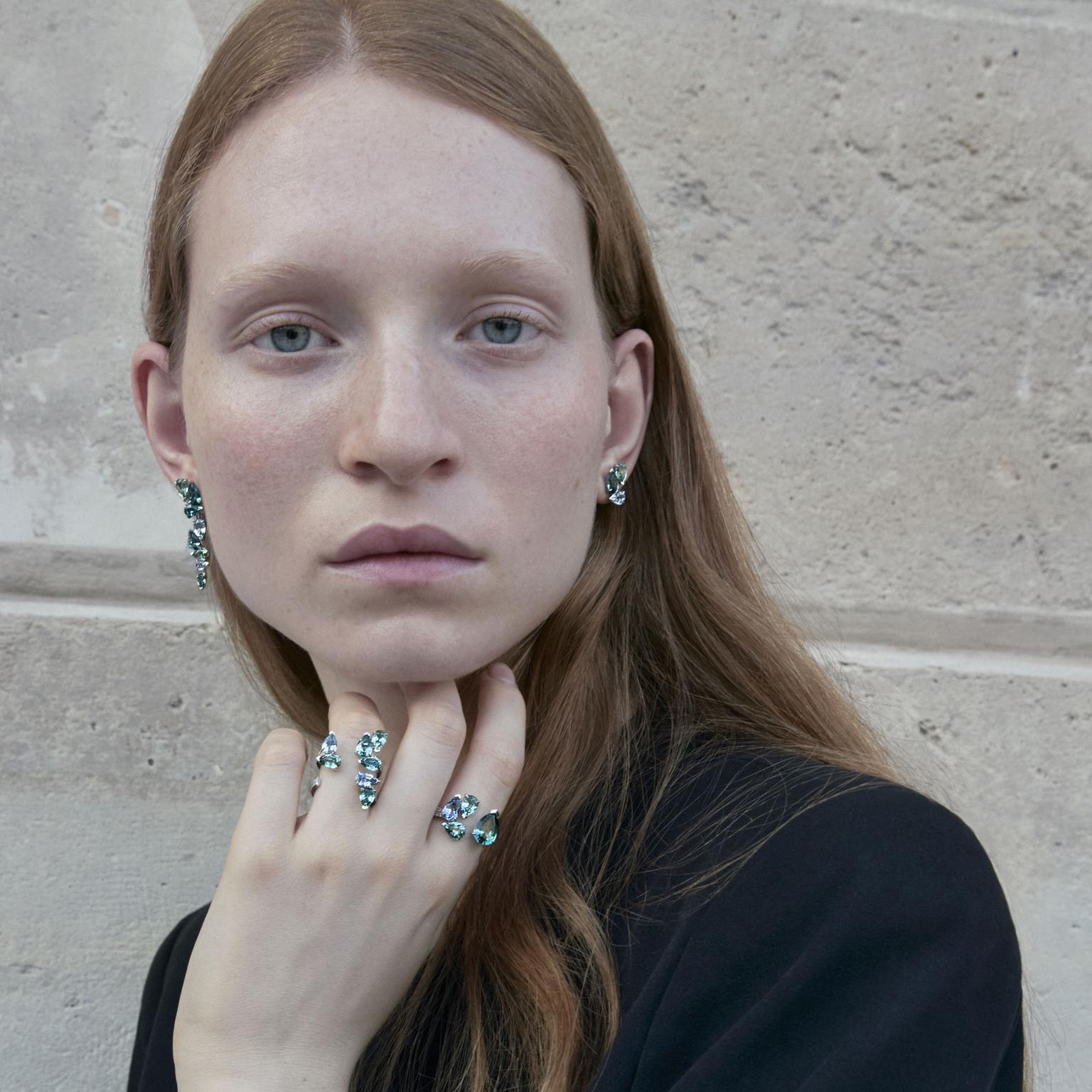 Indicolite, tourmaline and aquamarine ring by Repossi on model
