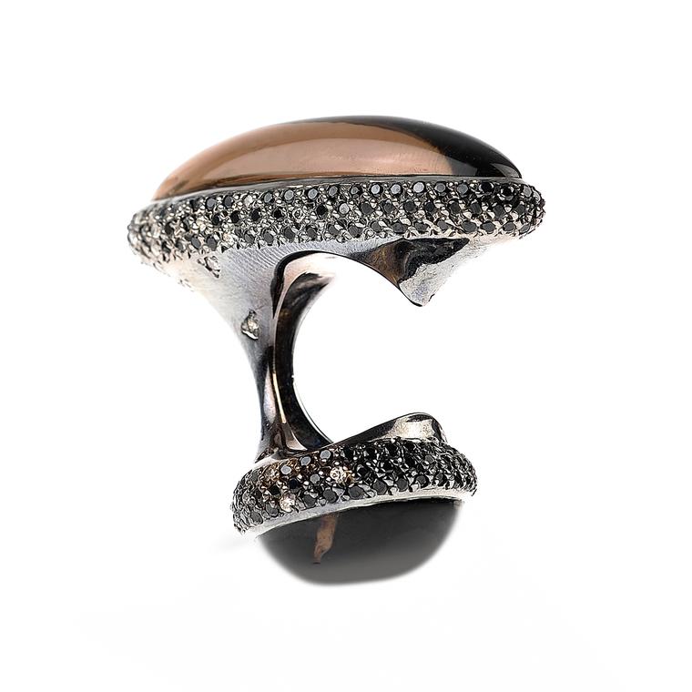 Biomorphic smoky quartz cocktail ring with black and white diamonds