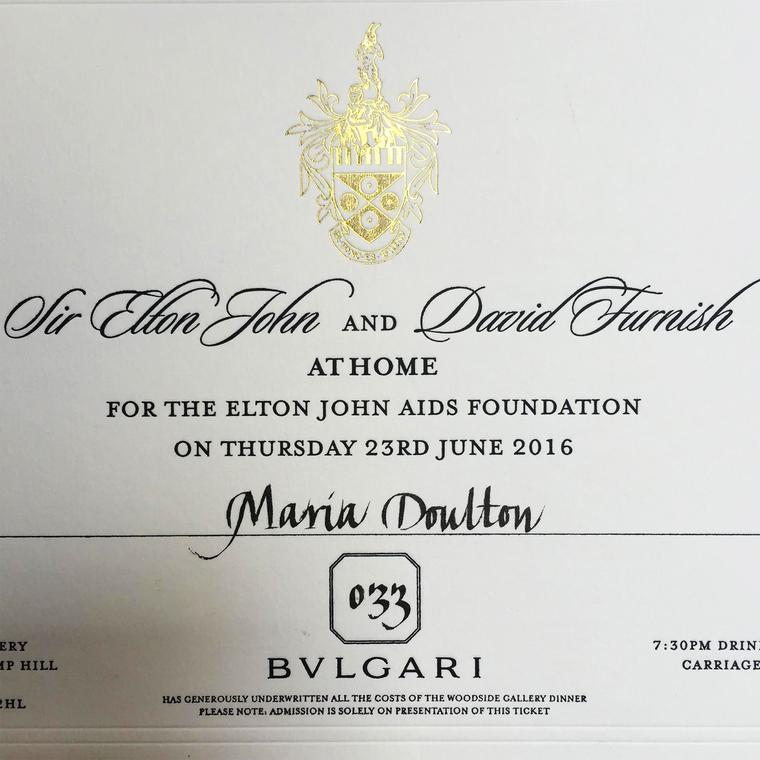 Maria Doulton's invite to the Elton John AIDS Foundation 