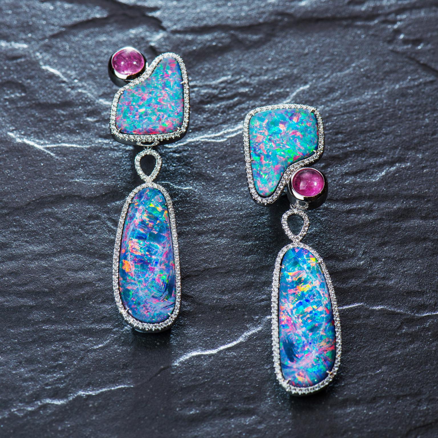 Tayma Bushfire opal earrings with diamonds and rubellites
