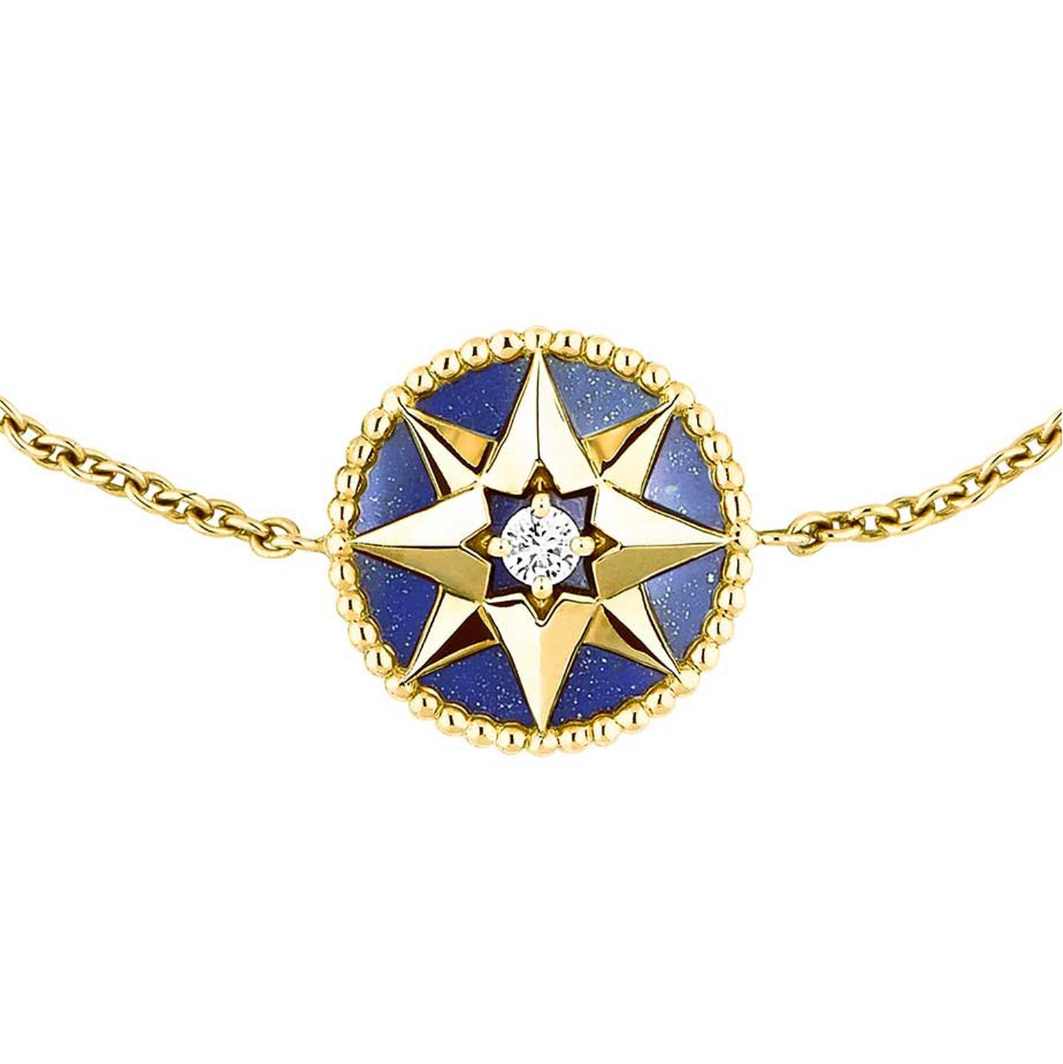 Dior Rose des Vents bracelet in yellow gold and lapis lazuli, set with a central round brilliant diamond.