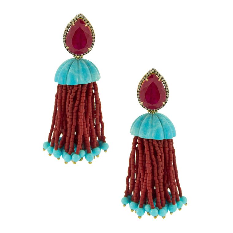 Silvia Furmanovich diamond, ruby, turquoise and jasper earrings