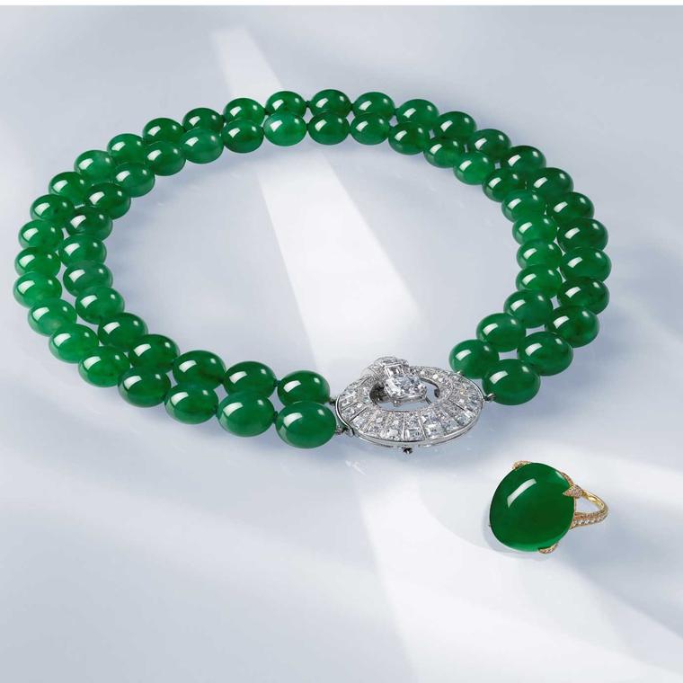 Lot 15 and17 jadeite cabochon and diamond ring doublestrand-jadeite-bead-necklace--diamond-clasp-by-cartier