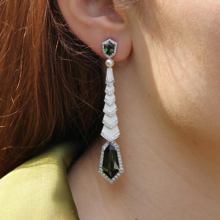 Gatsby earrings with green tourmaline and white enamel