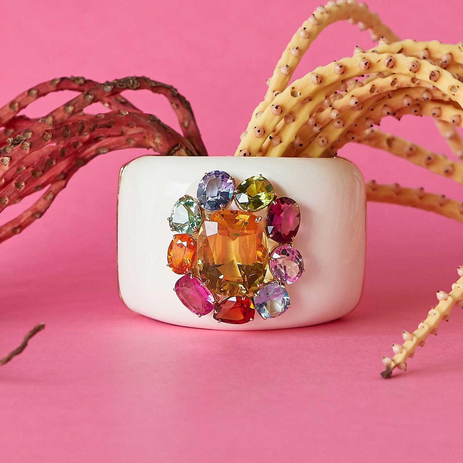 Margot McKinney mammoth cuff set with a yellow beryl and mult-coloured gemstones