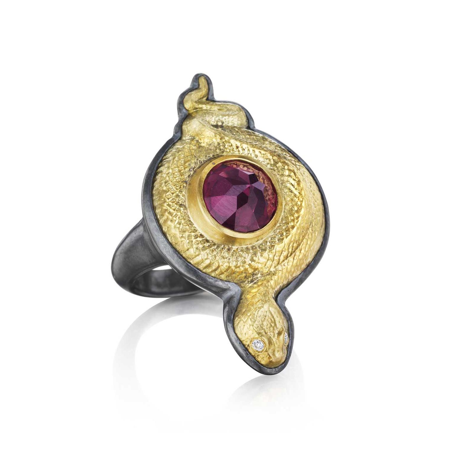 Anthony Lent Coiled Serpent rhodolite garnet ring