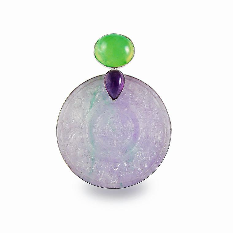 Corroado Giuspino hand-carved lavendar jade pendant with amethyst and prehnite