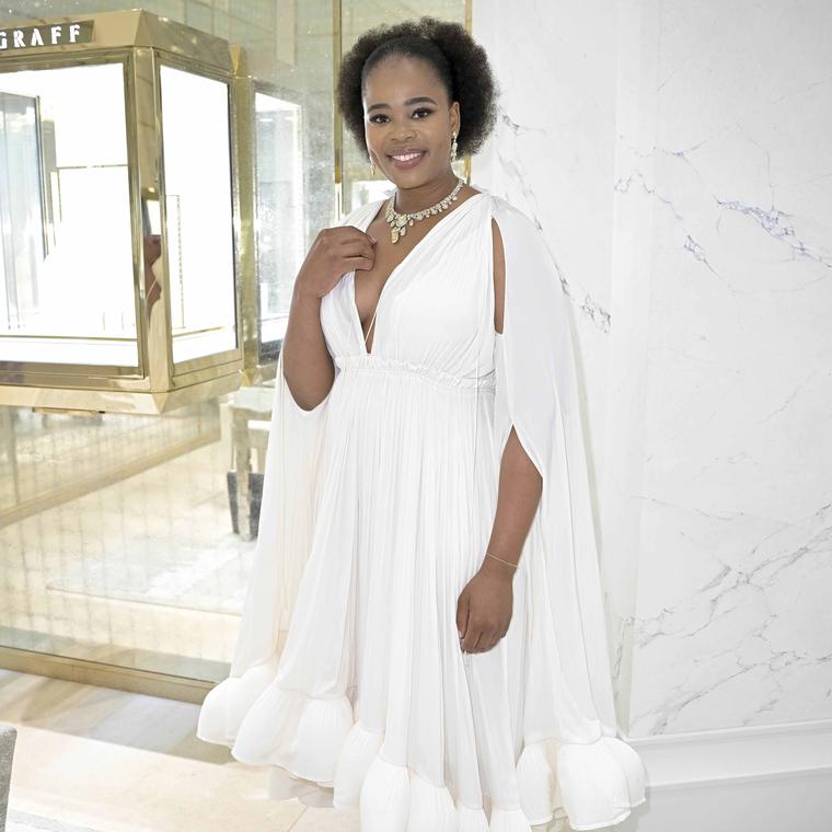 Opera soprano Pretty Yende wears Graff Fancy Yellow and white diamond high jewellery in Paris July 2023