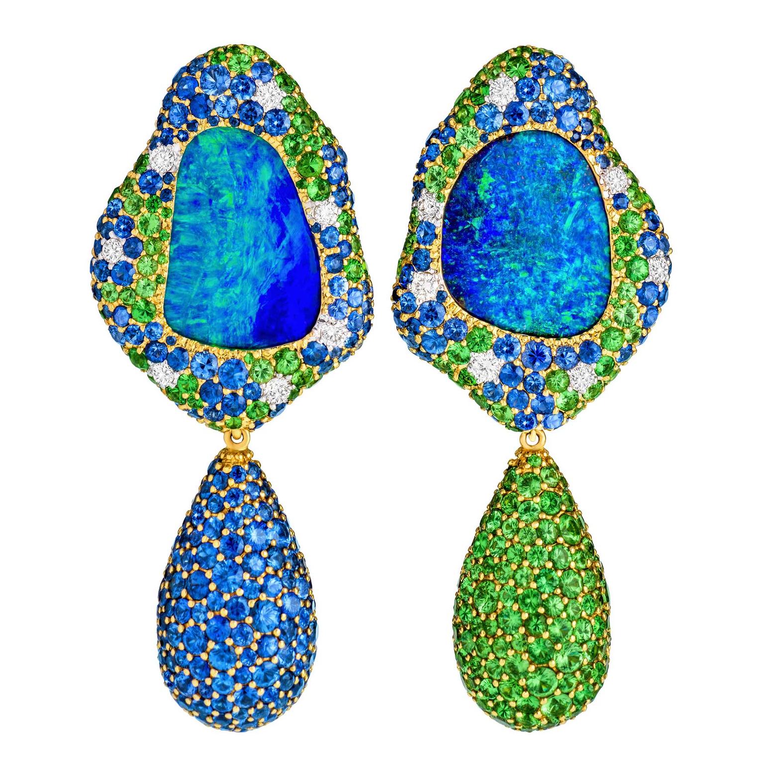 Margot McKinney Viridian Australian Lightning Ridge opal earrings with tsavorites and sapphires 