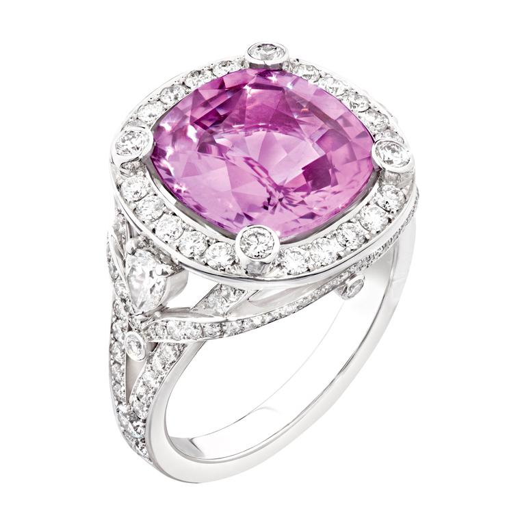 Cushion-cut pink sapphire engagement ring