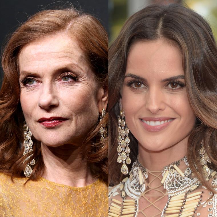 Model Isabelle Huppert and actress Izabel Goulart wear the same Chopard earrings on the Cannes Film Festival red carpet