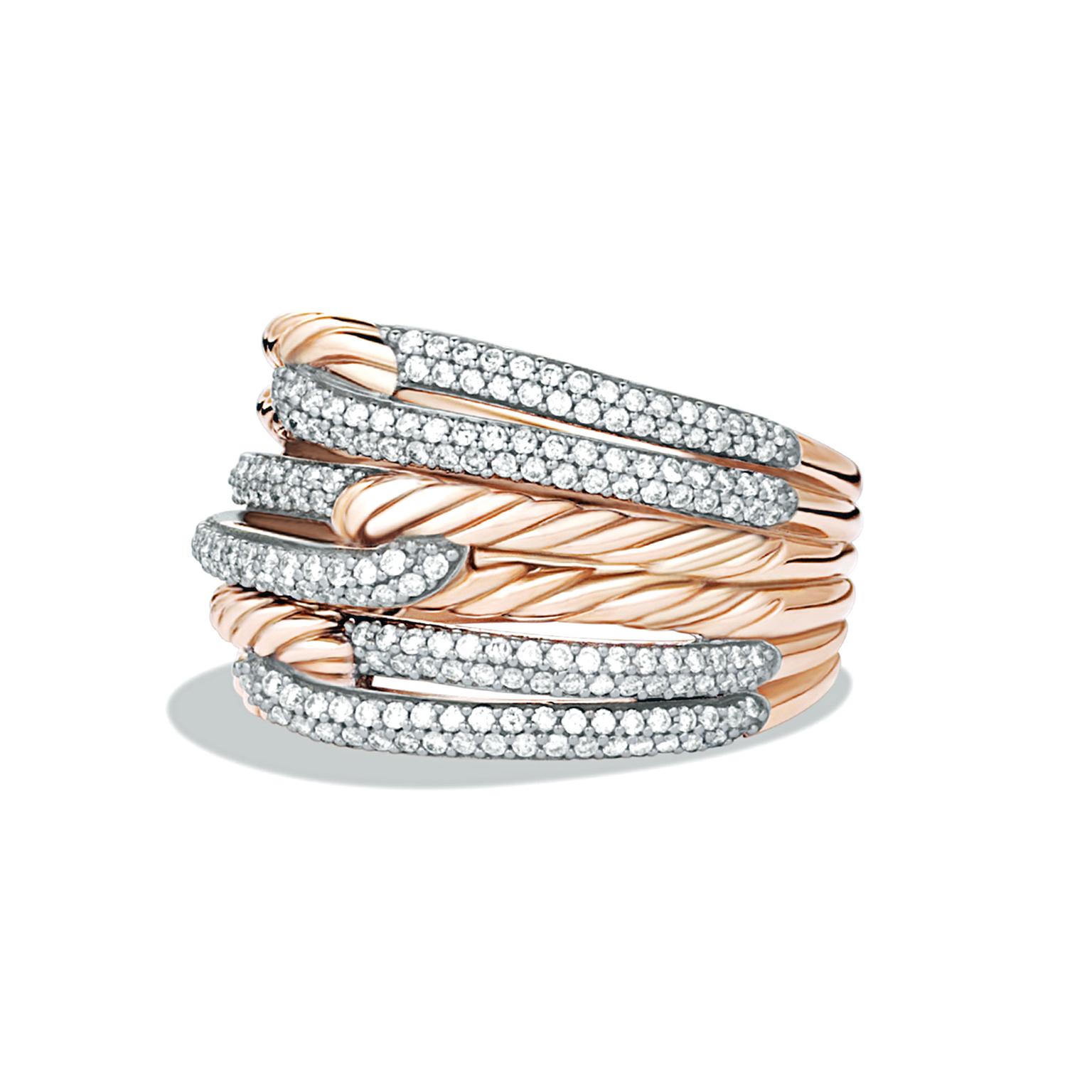 David Yurman triple loop ring in rose gold with diamonds