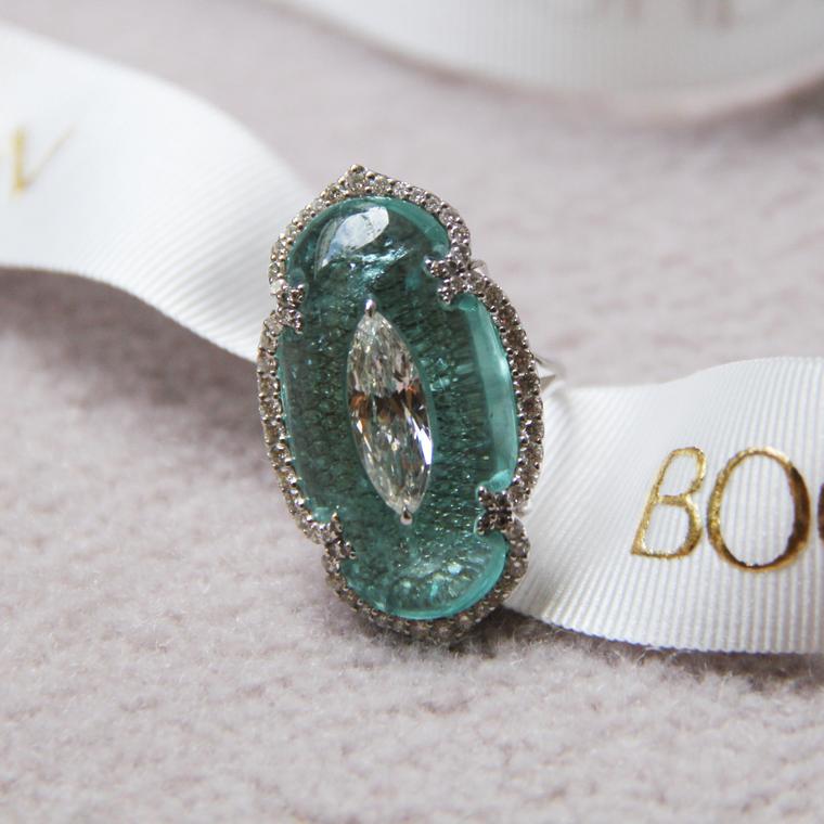 Boghossian Art of Inlay diamond and Paraiba tourmaline ring