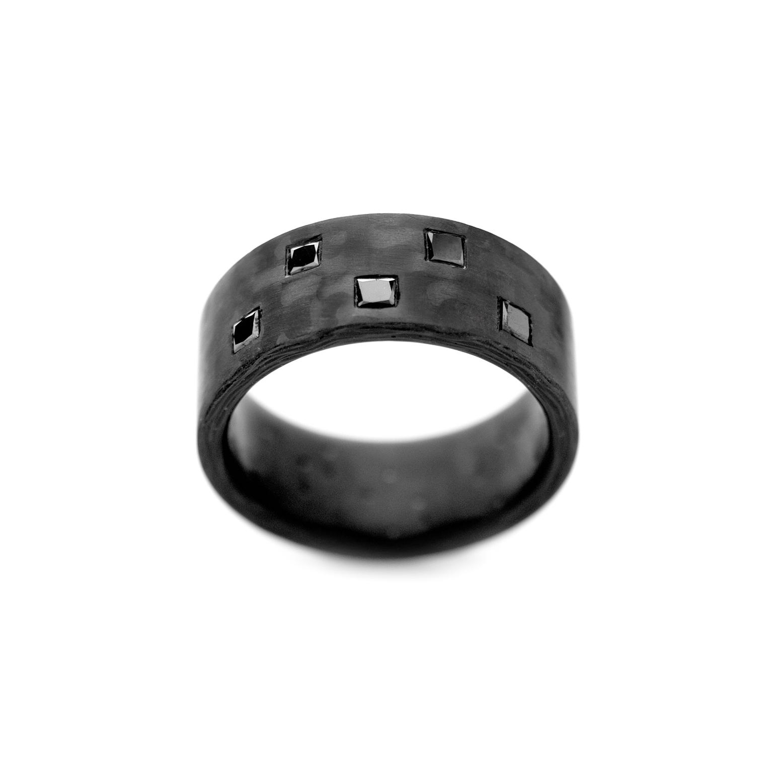 Anne Cohen C6 black carbon fibre wedding band with black diamonds