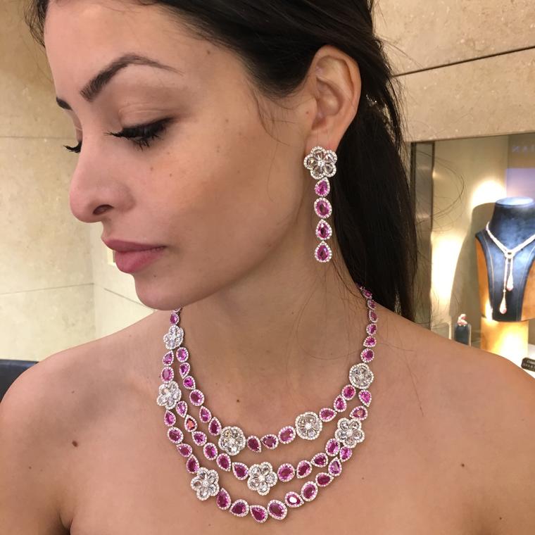 Avakian Pink sapphire earring and necklace set