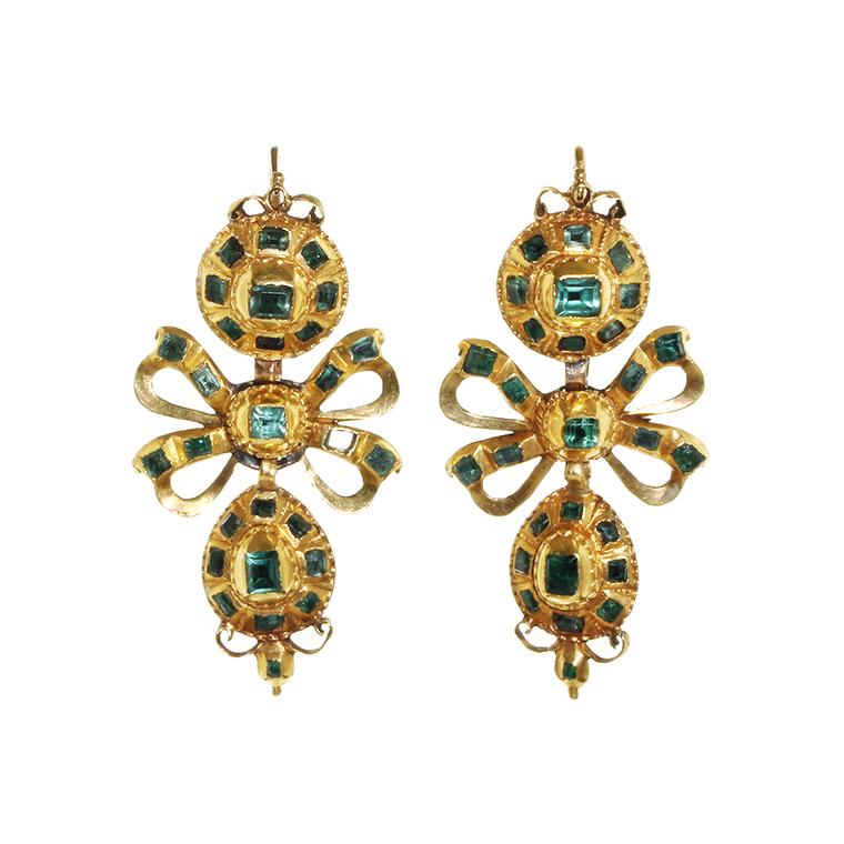 Bell and Bird antique Iberian emerald and gold earrings