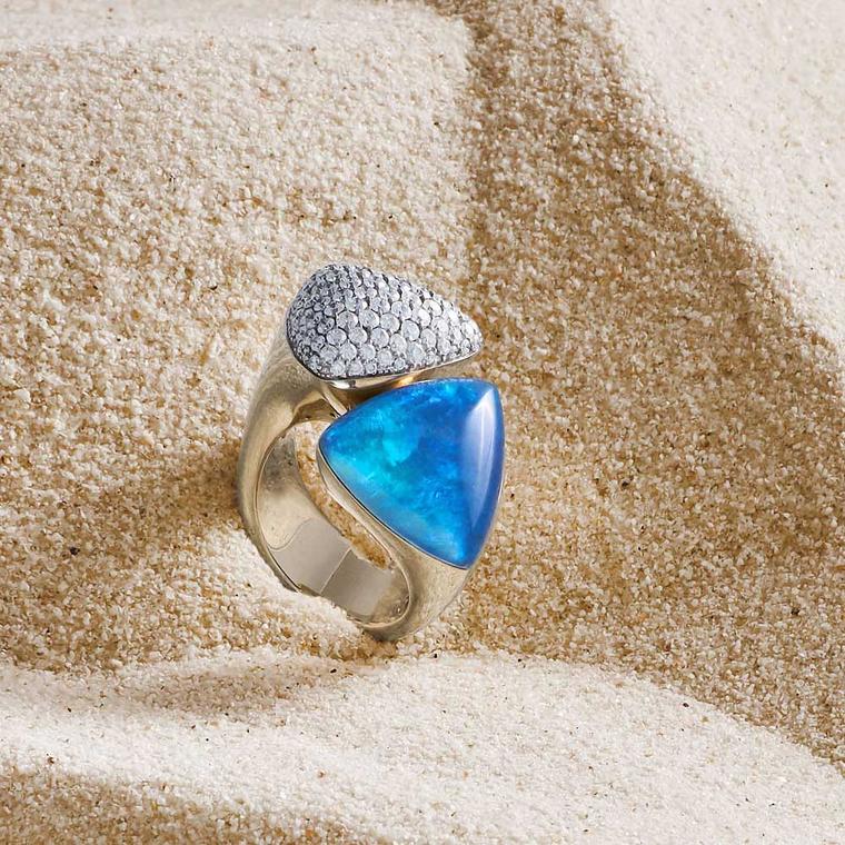Vhernier Freccia ring with imperial opal, black jade and carved rock crystal. Photo credit: Erdna