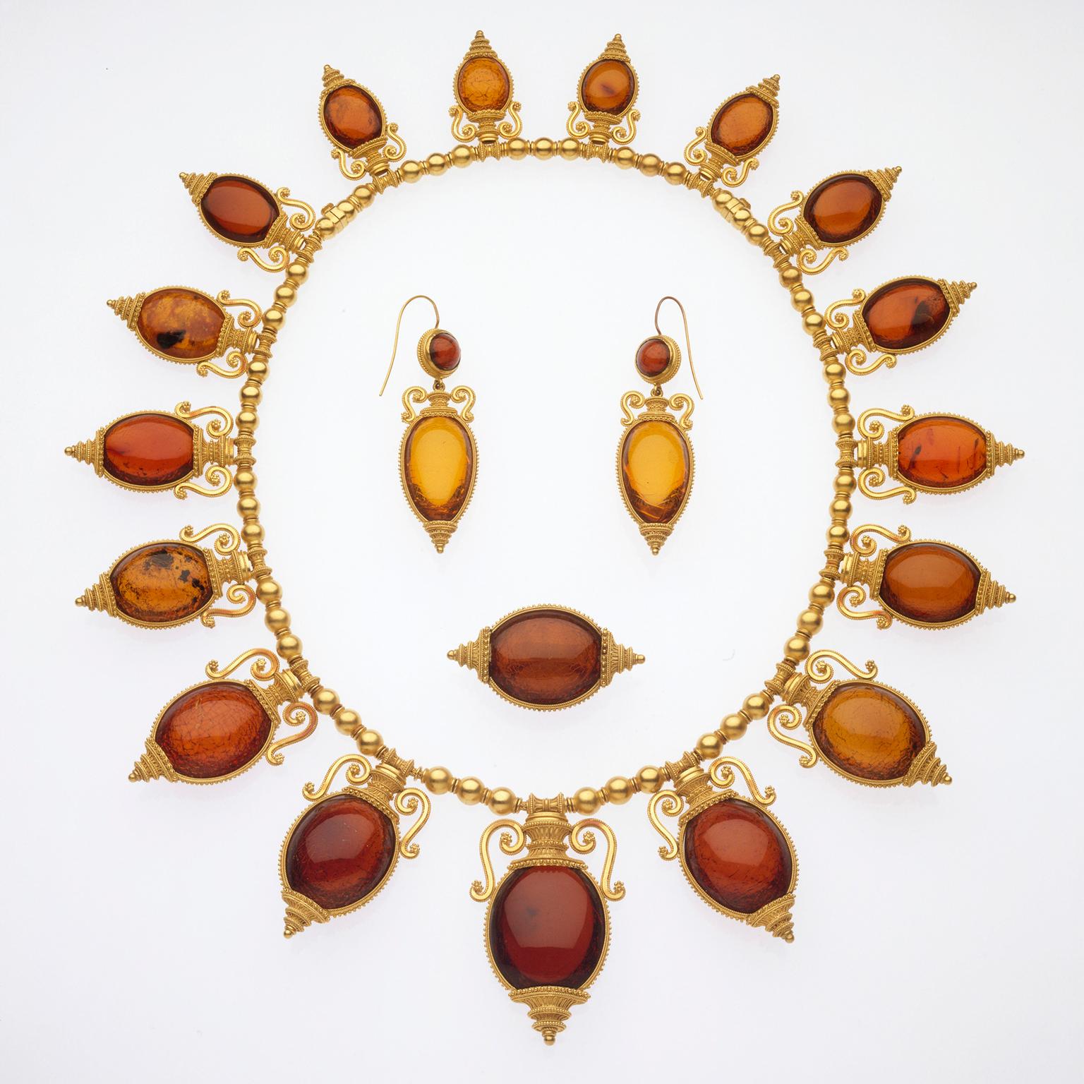 Castellani necklace, brooch and earrings in the archaeological revival style, circa 1880