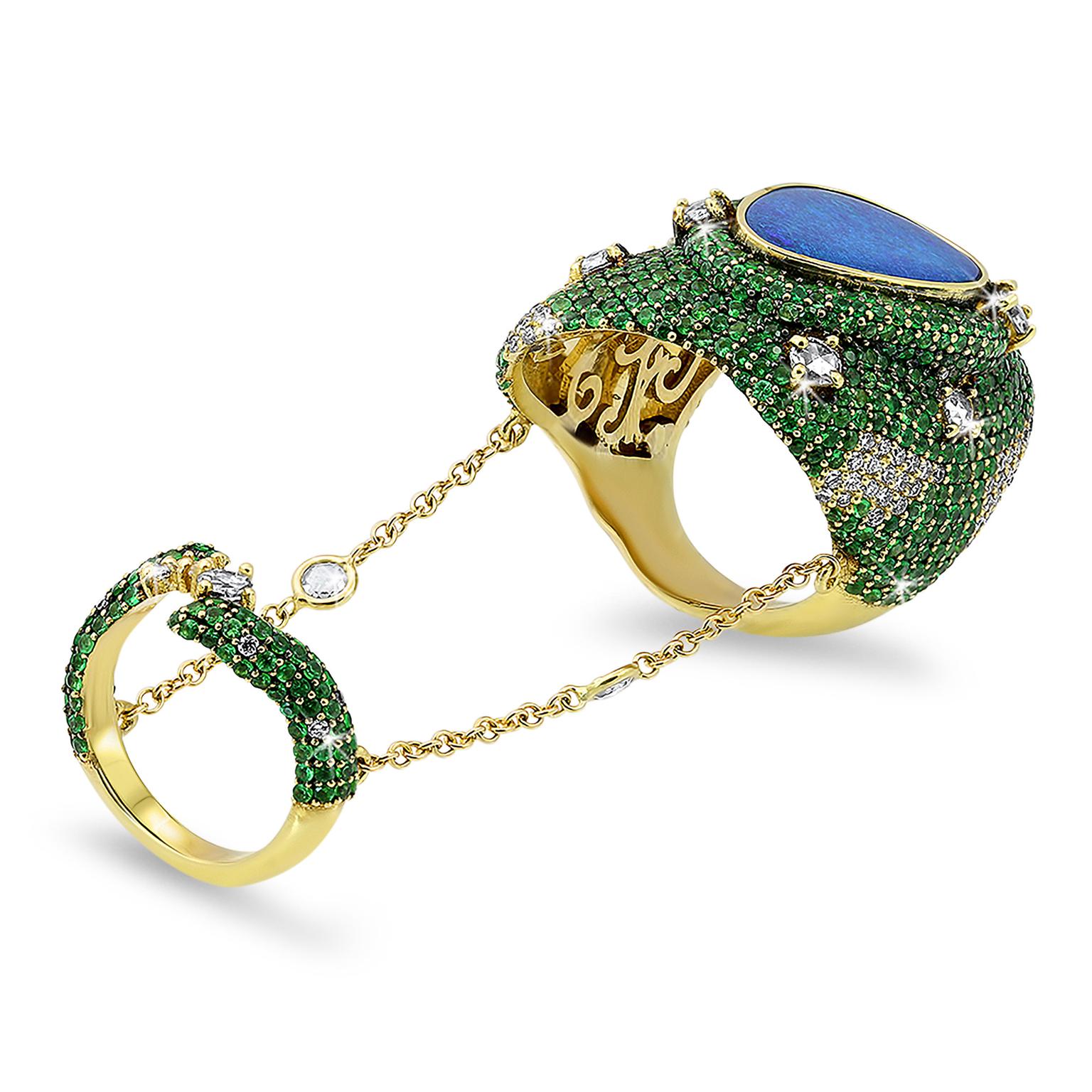 Michael John tsavorite and opal chain ring