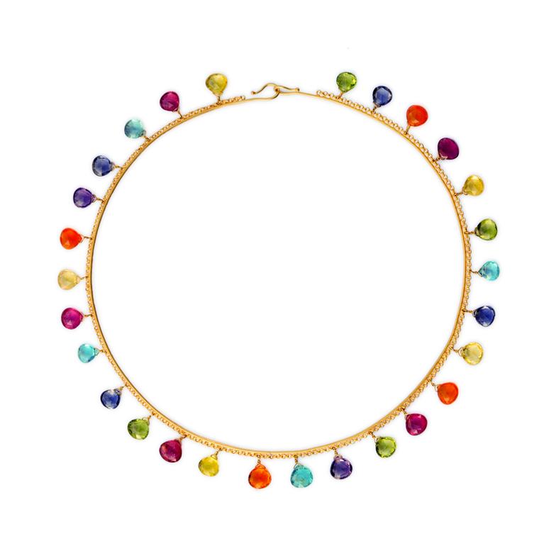 Multicolor briolette gemstone necklace in yellow gold