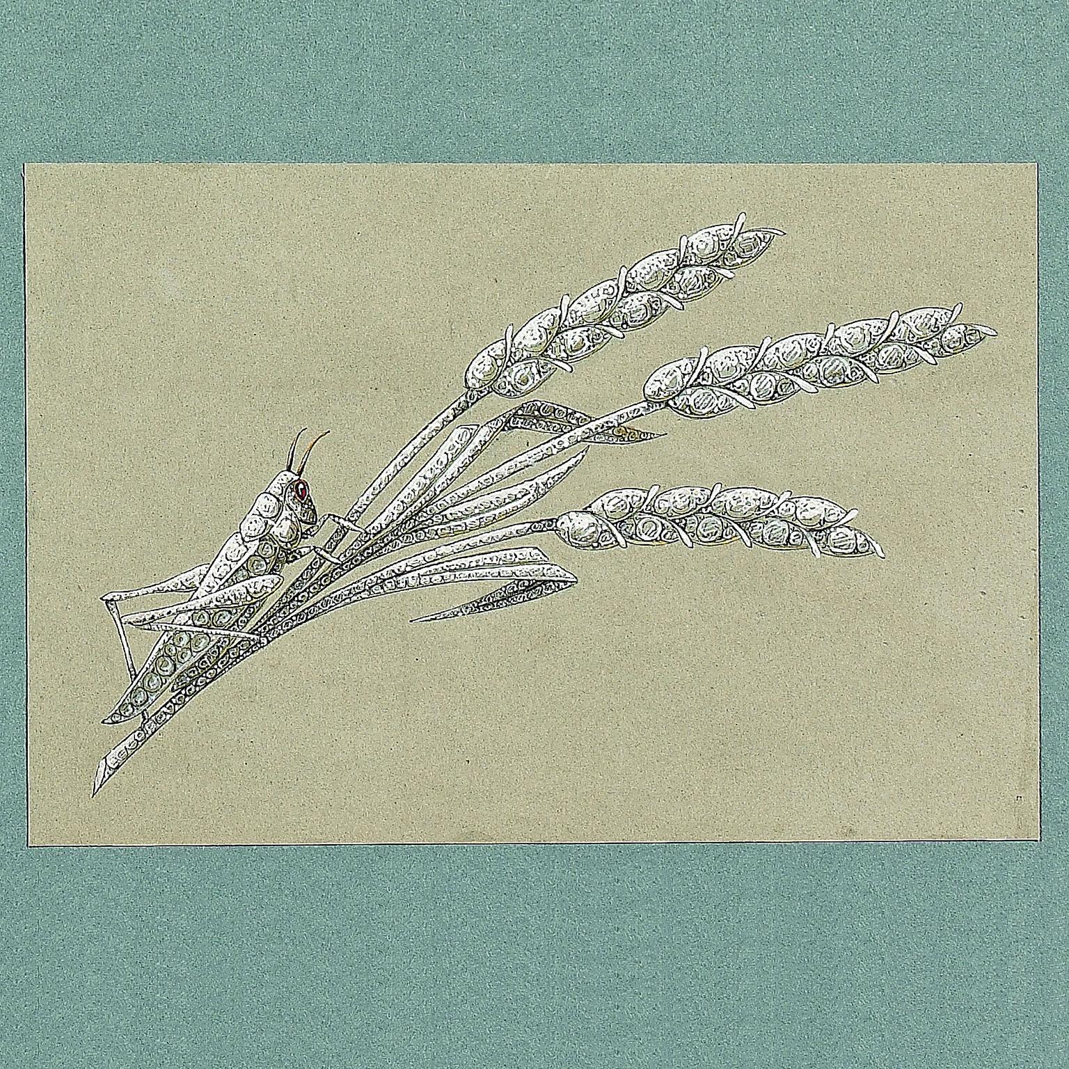 Preparatory sketch of a grasshopper on a sheaf of wheat brooch