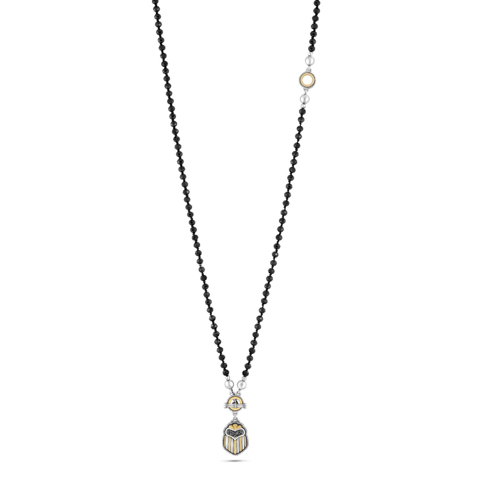 18kt Gold and sterling silver beaded multi-way scarab necklace adorned with semi-precious and precious stones 