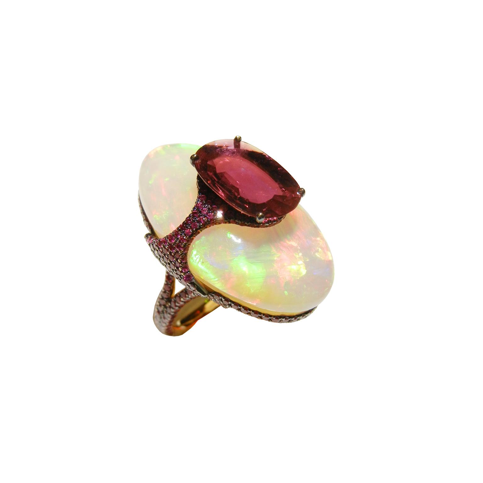 Boghossian ruby and opal kissing ring