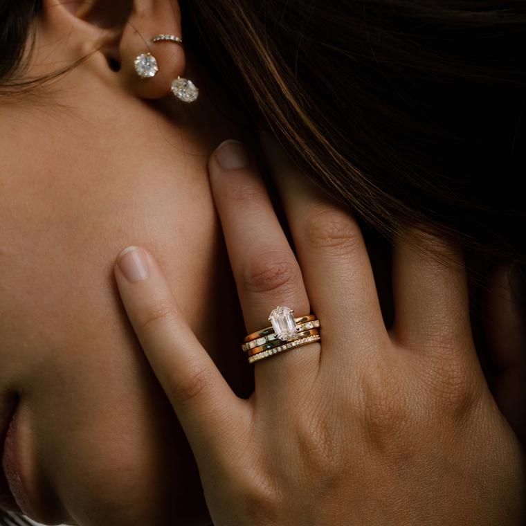 Model wearing lab-grown diamond jewels by Vrai