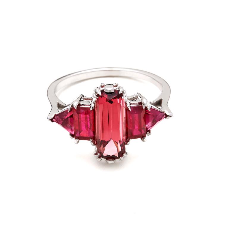 Anna Sheffield Theda pink tourmaline, rubies and white gold ring