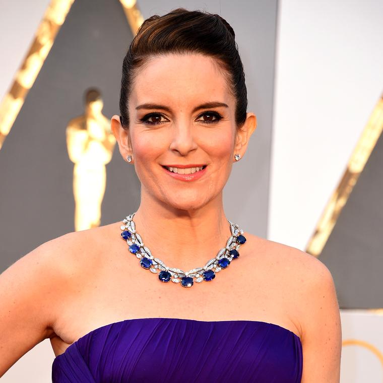 Tina Fey in a Bulgari sapphire and diamond necklace