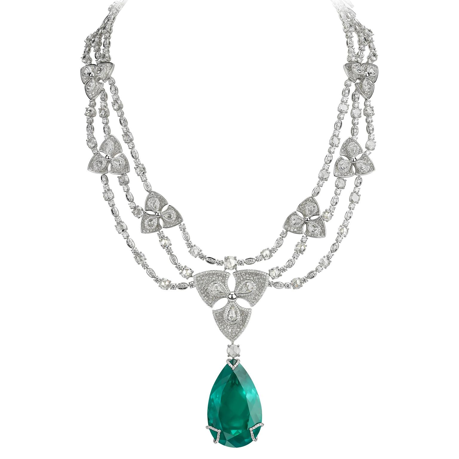 One-of-a-kind Avakian emerald necklace with spinning flower