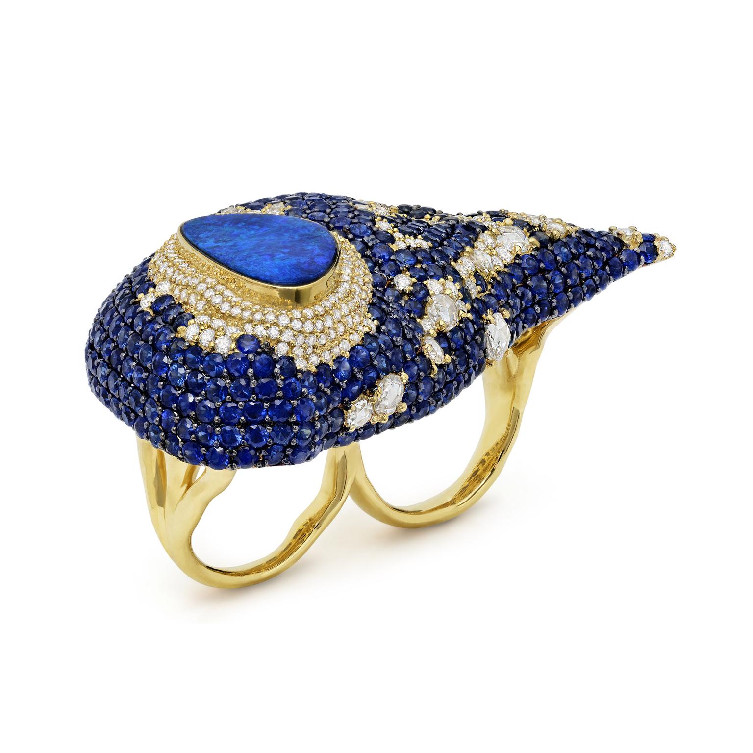 Michael John opal and sapphire two-finger ring
