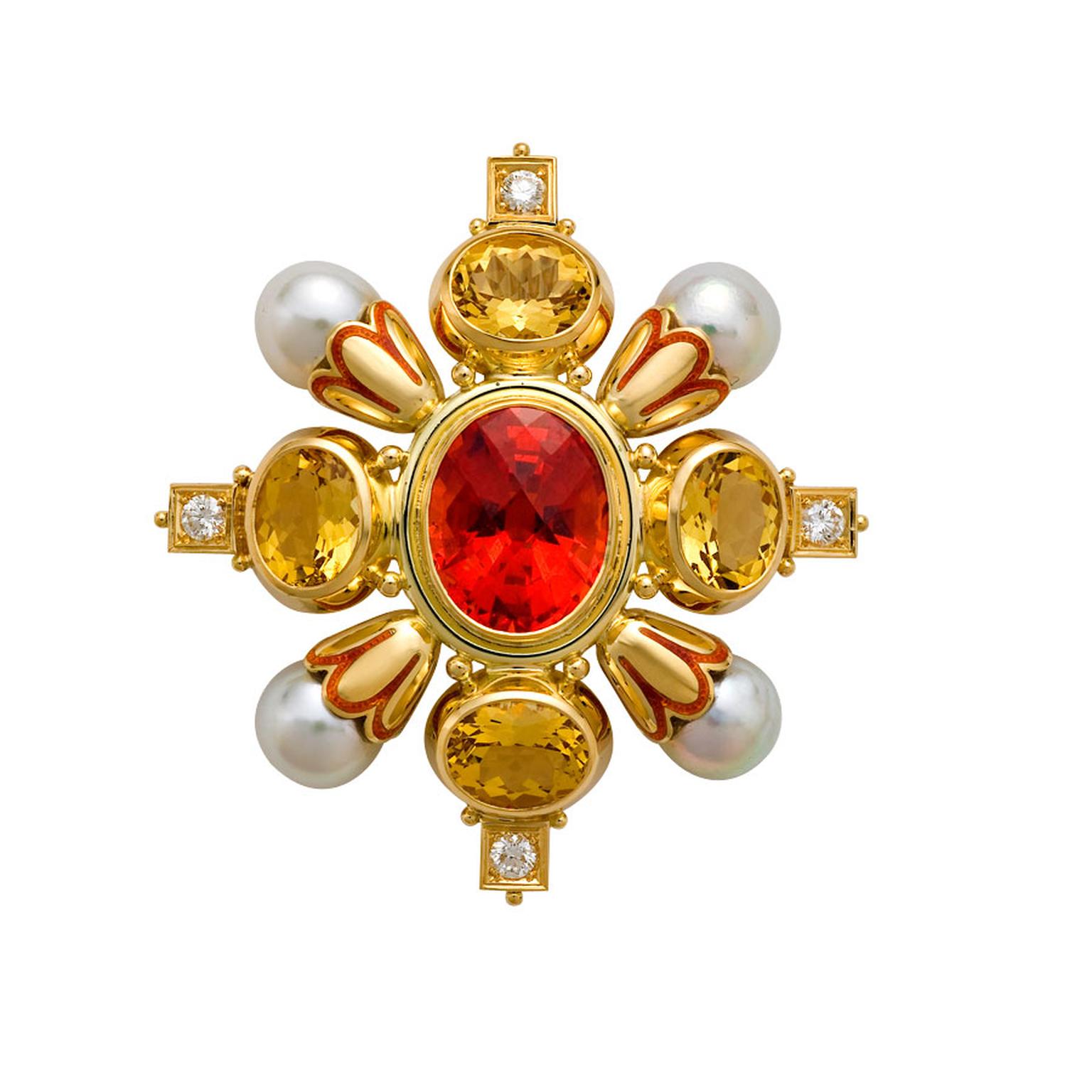 Elizabeth Gage mandarin garnet and pearl brooch