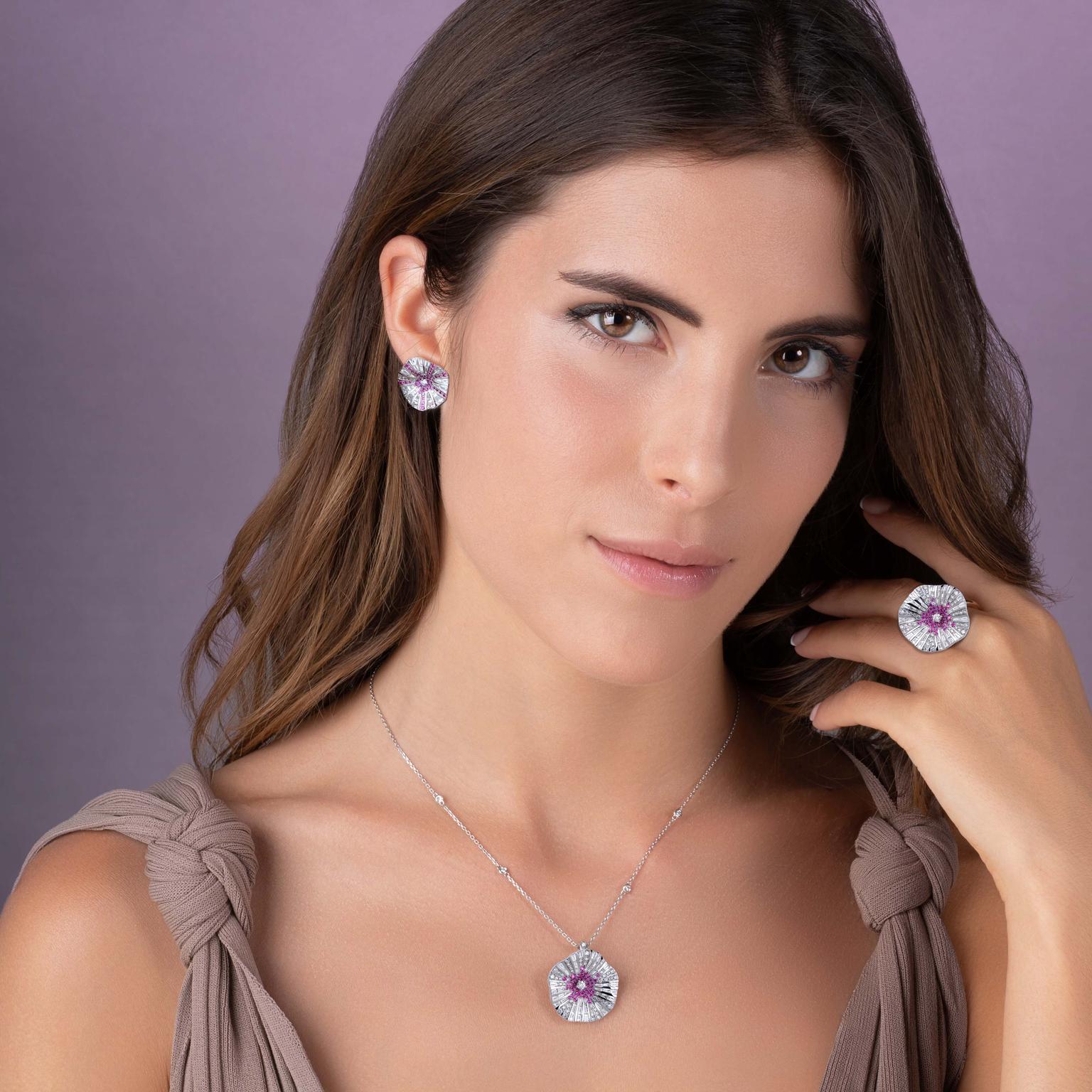 Stenzhorn Belle pink sapphire and white diamond ring, necklace and earrings on model