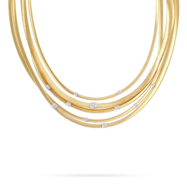 Five strand yellow gold Masai necklace with diamonds