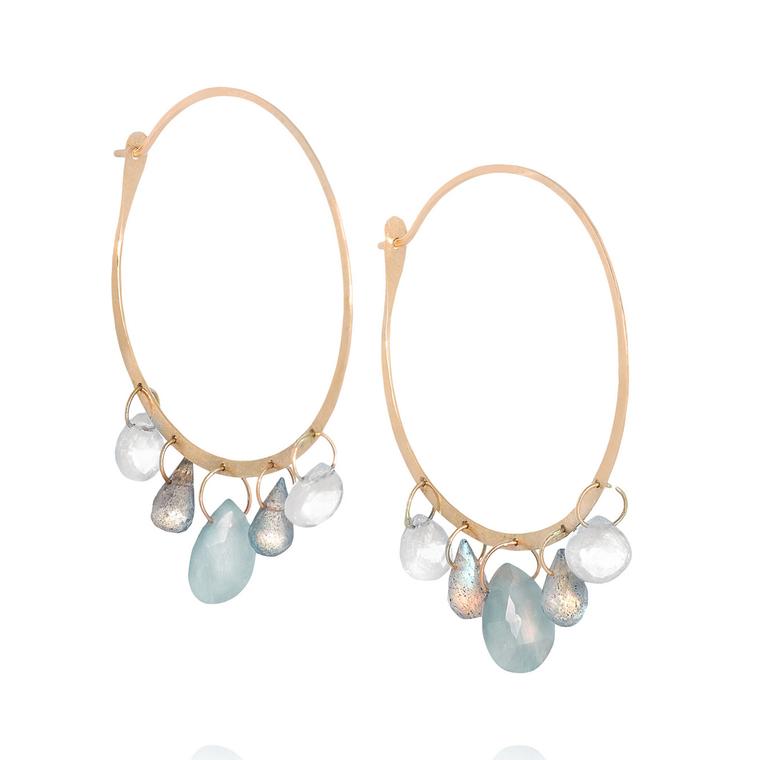Yellow gold hoop earrings with briolette-cut gemstones