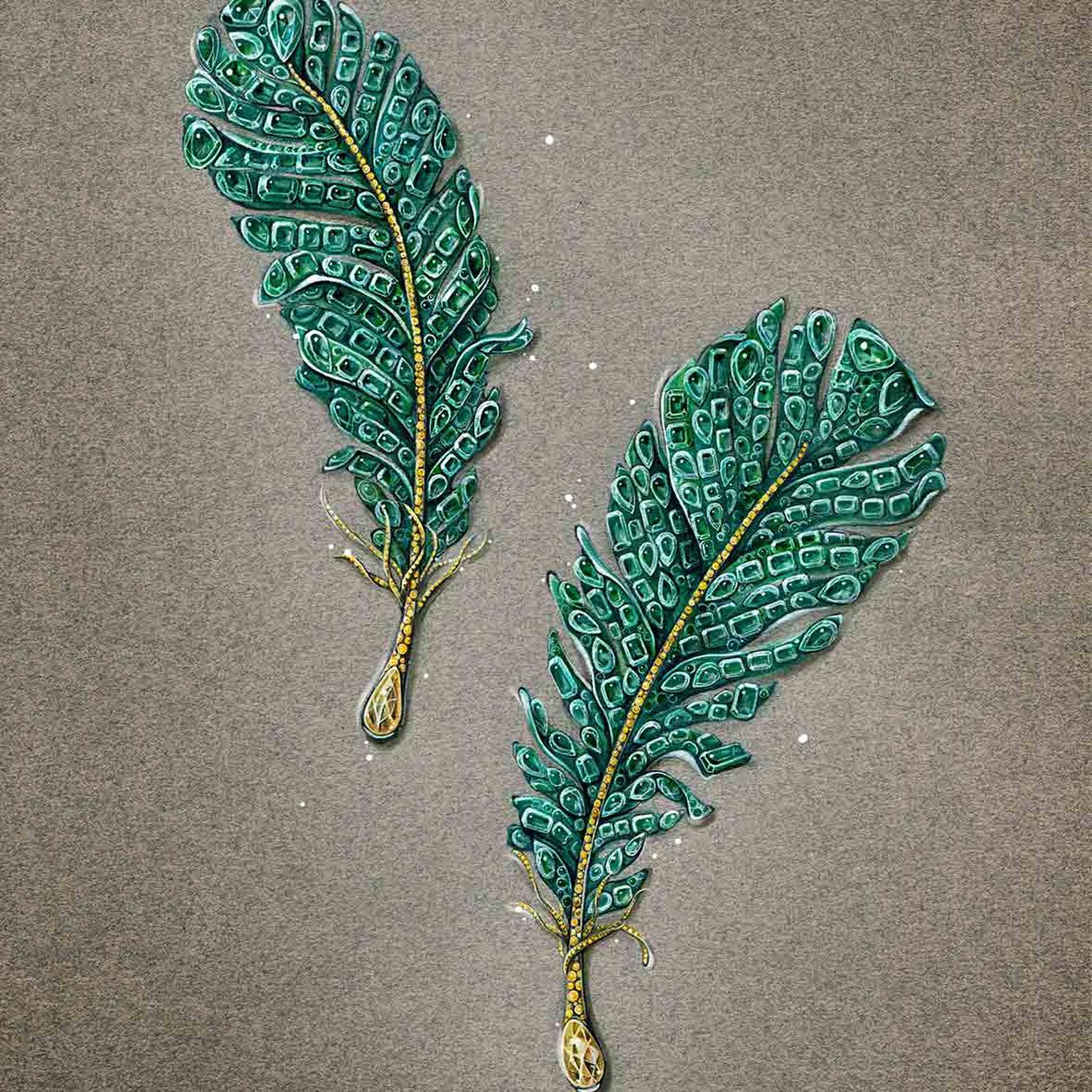 Cindy Chao Black Label Masterpiece emerald feather brooches sketch