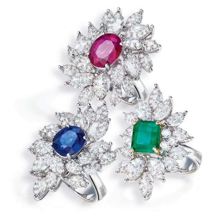 Damiani Emozioni sapphire, emerald and ruby rings