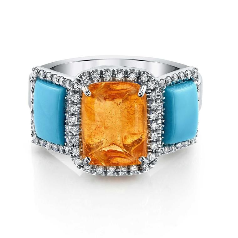 Suzanne Felsen mandarin garnet, turquoise and diamond ring